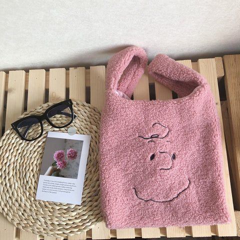 Plush Shoulder Bag Winter Cartoon Handbags Cute Face Embroidery Hand Bag Women Solid Color Ladies Bag Tote 28*30cm Small Bag