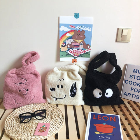 Plush Shoulder Bag Winter Cartoon Handbags Cute Face Embroidery  Hand Bag  Women Solid Color Ladies Bag Tote  28*30cm Small Bag